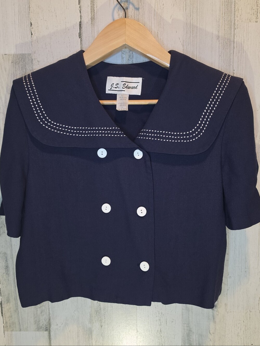 Vintage 80s J.S Edward Navy Cropped Sailor Blouse Sz 14 Puff Sleeve Nautical USA